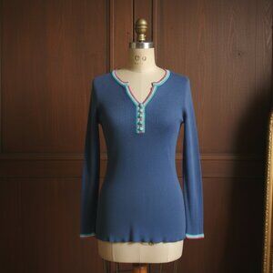 Belle by Kim Gravel Crochet Trim Ribbed Henley Sweater – Size Small